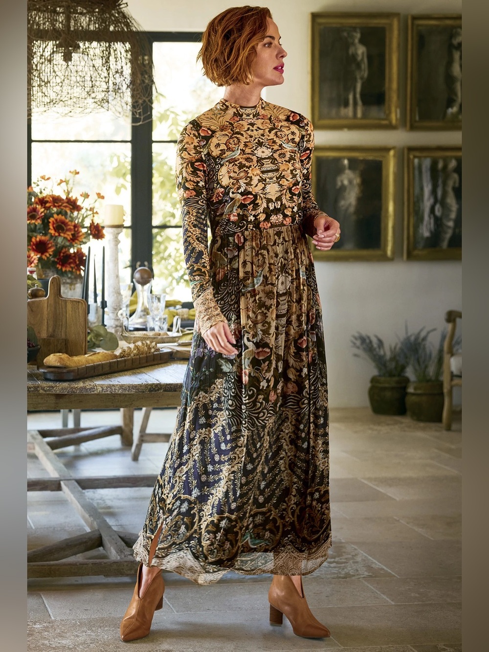 Soft Surroundings Dress Womens 1X Kalista Maxi Bird Floral Knit Chiffon Boho